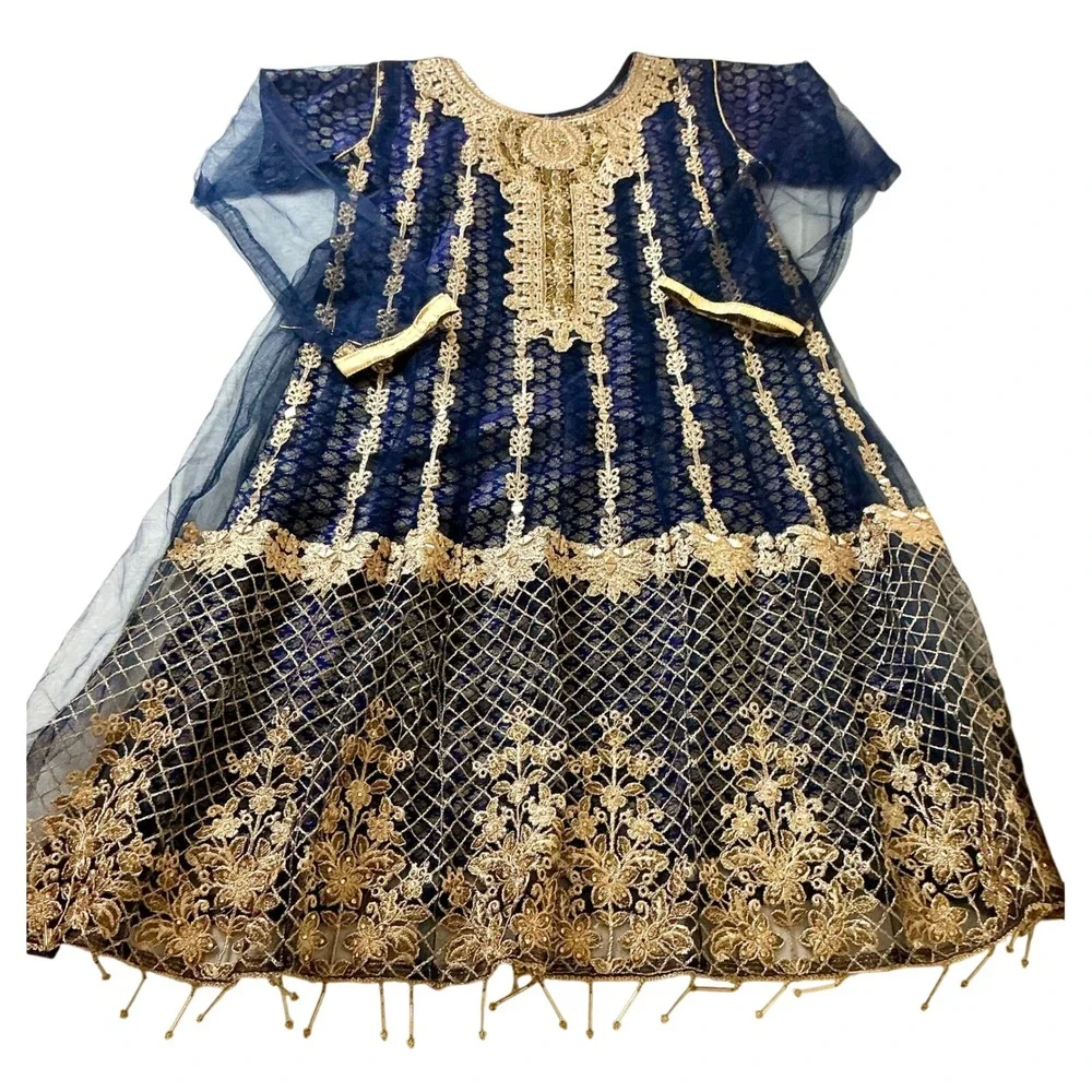 Kids Formal Navy Blue & Gold Embroidered‎ Dress Girls Party Occasion